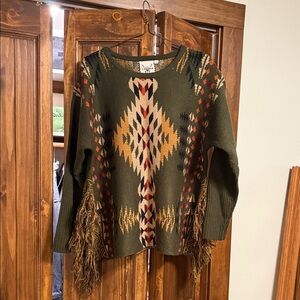 Vintage Cotton & Rye Green Aztec Patterned Sweater with Fringe